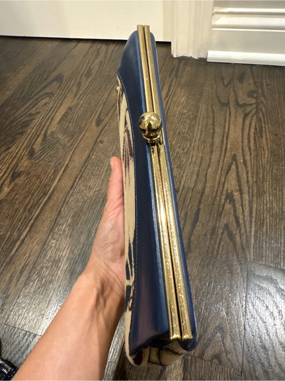 Vintage Floral Tapestry & Blue Leather Clutch Purse